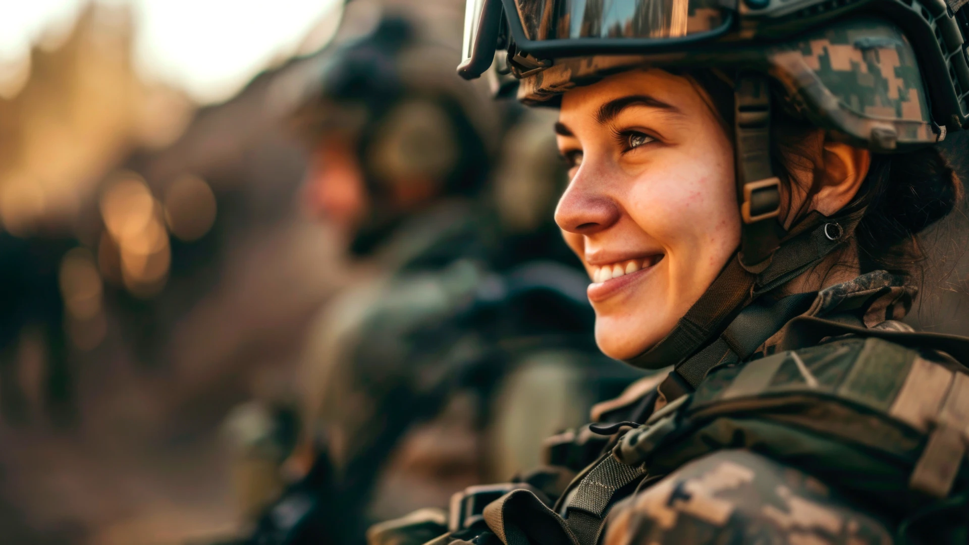 A female soldier in camouflage with a smile.